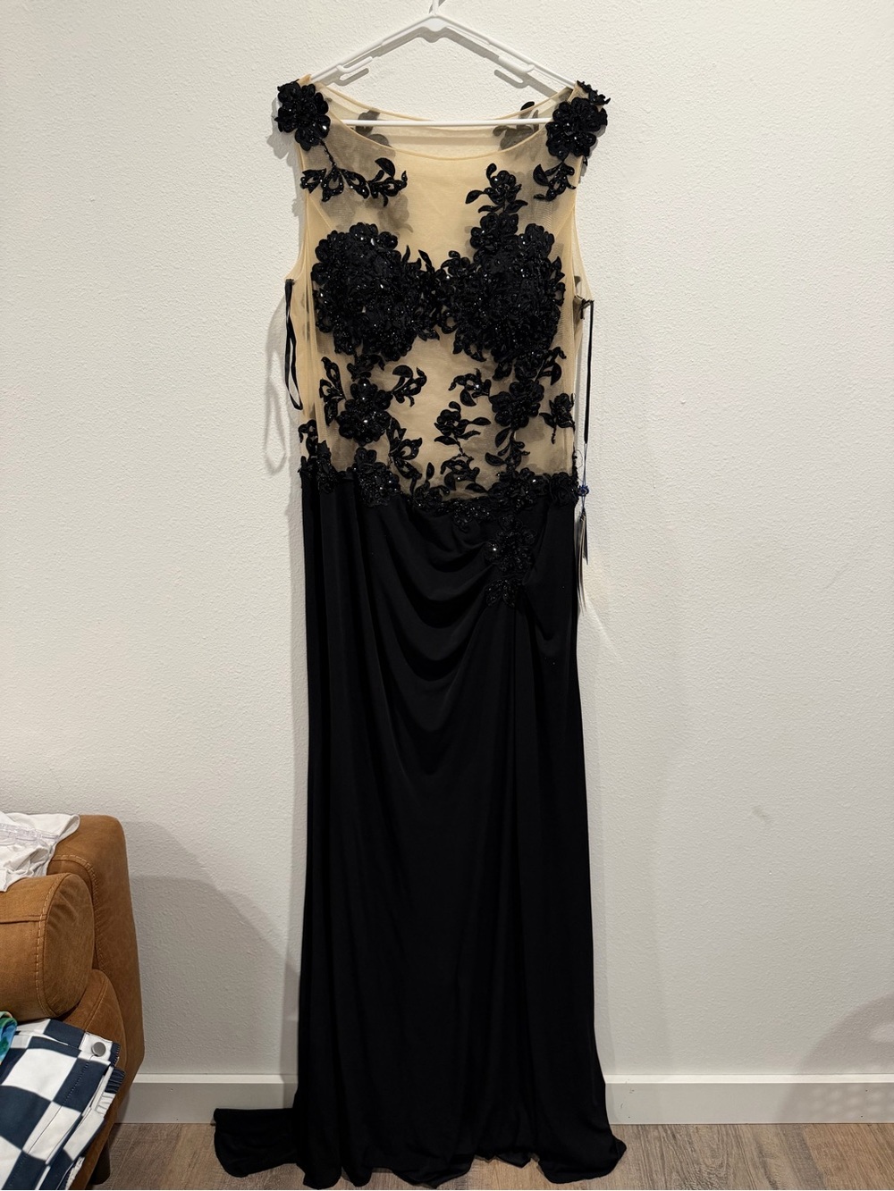 Black Floral Appliqué Evening Gown with Nude Illusion Bodice